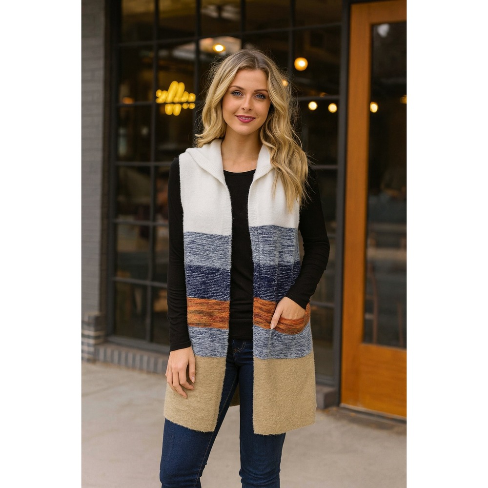 Absolutely Famous Womens Hooded Longline Vest Sweater Multi-Color Striped Small